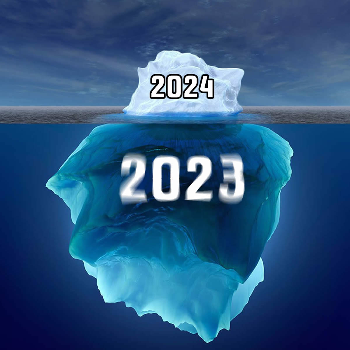 Foto di un iceberg con tutti gli anni passati ed il nuovo 2024