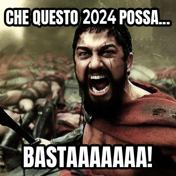 meme divertente con Leonida che dice basta a tutti i messaggi di auguri 2024